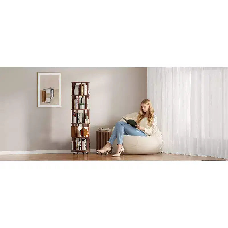 360° Rotating Bookshelf with Wheels, 5-Tier Solid Wood Narrow Bookcase, Display Case, Walnut