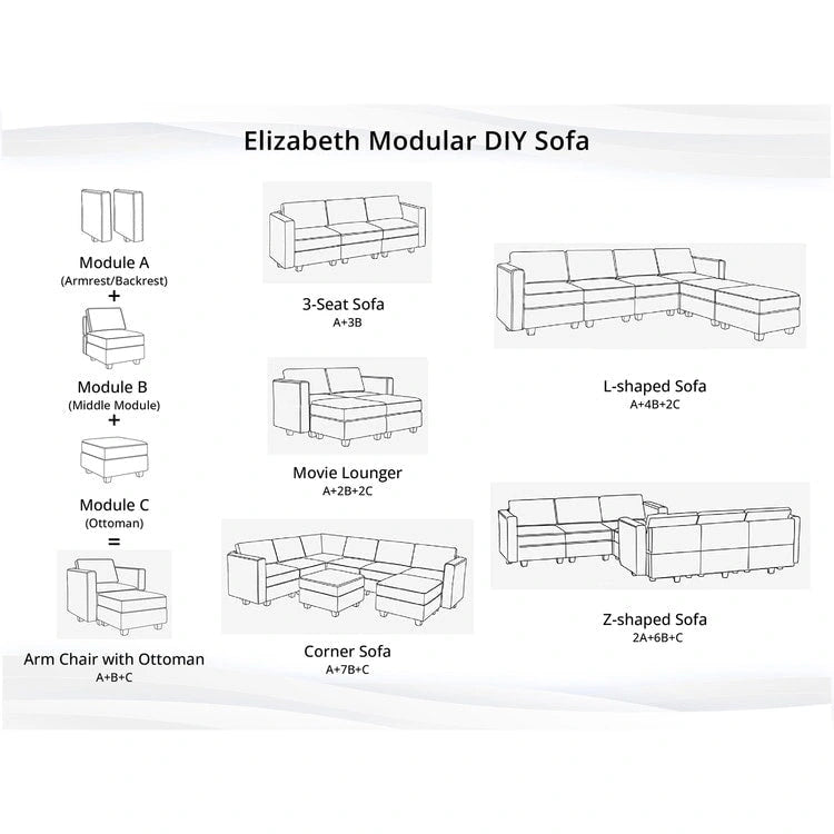 Modern DIY Convertible Modular Sectional Ultimate Sofa Collection - Optional Ottoman Middle and Armrest Modules