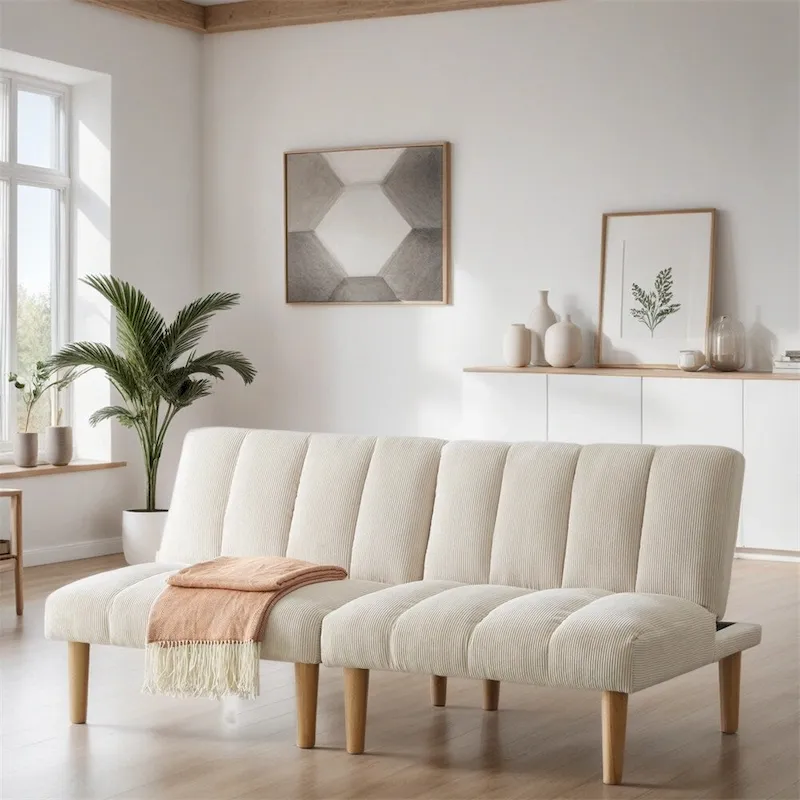 Convertible Sofa Bed with Corduroy Fabric and Wood Legs