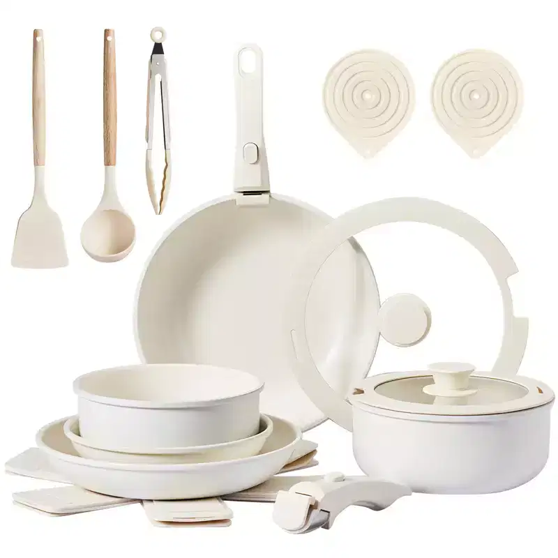 ROVSUN 19 Pcs Nonstick Pots and Pans Set,Aluminum Kitchen Cookware Set w/ Detachable Handles, RV Kitchen Set, Dishwasher Safe, PFAS PFOA & PFOS Free