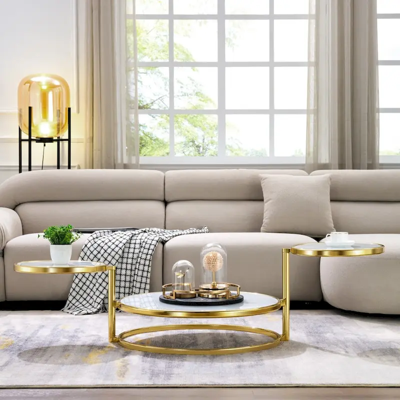 Round Glass Coffee Table with 3-Tier Rotating Top