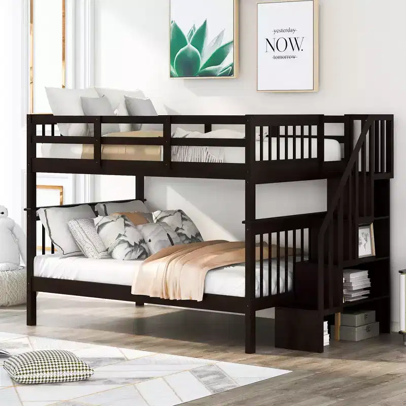 Full over Full Bunk Beds with Stairs, Wooden Full Stairway Bunk Bed with Storage & Guard Rail for Dorm