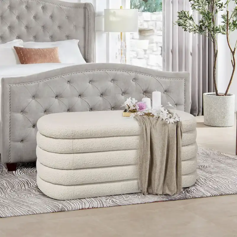 Fuji 49 Boucle Faux Sherpa Upholstered Tufted Oval Storage Bench