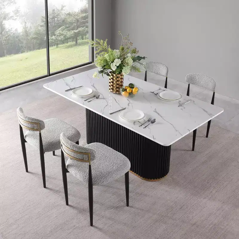 Modern 5-Piece Faux Marble Dining Table with Boucle Armless Chairs in Grey Dining Room Set for Kitchen -Morden Fort
