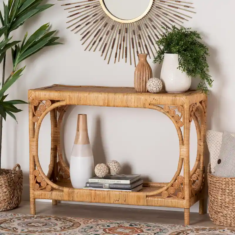 Handcrafted Natural Rattan Console Table with Open Shelf Light Honey