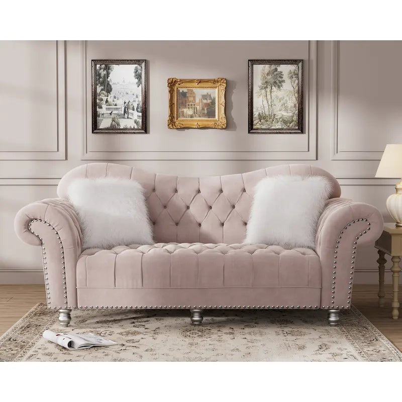 Chesterfield Camelback Sofa – Beige / Grey / Blue, Tufted Velvet, Rolled Arms, Seats 3