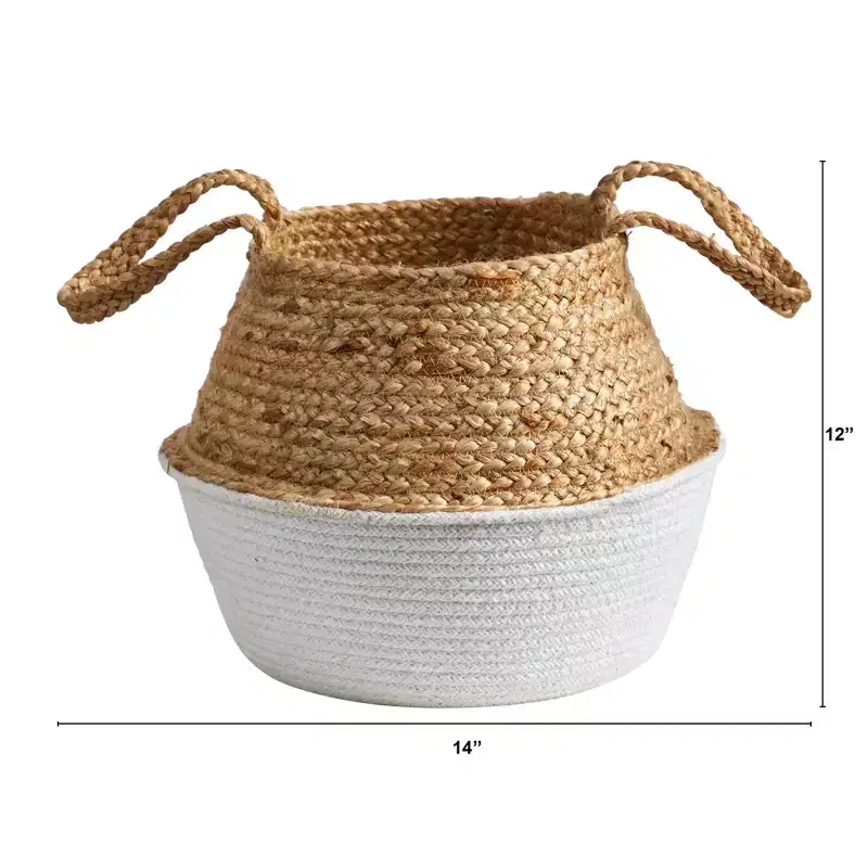 Nearly Natural 14-in Boho Chic Handmade Cotton & Jute White Woven Basket Planter
