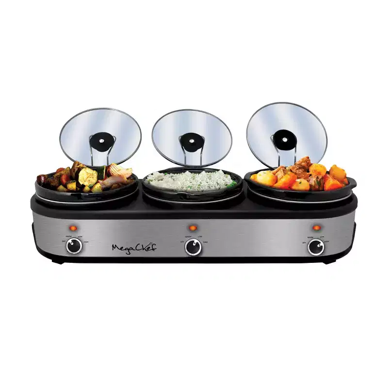 MegaChef Triple 2.5 Quart Slow Cooker and Buffet Server in Brushed Silver and Black