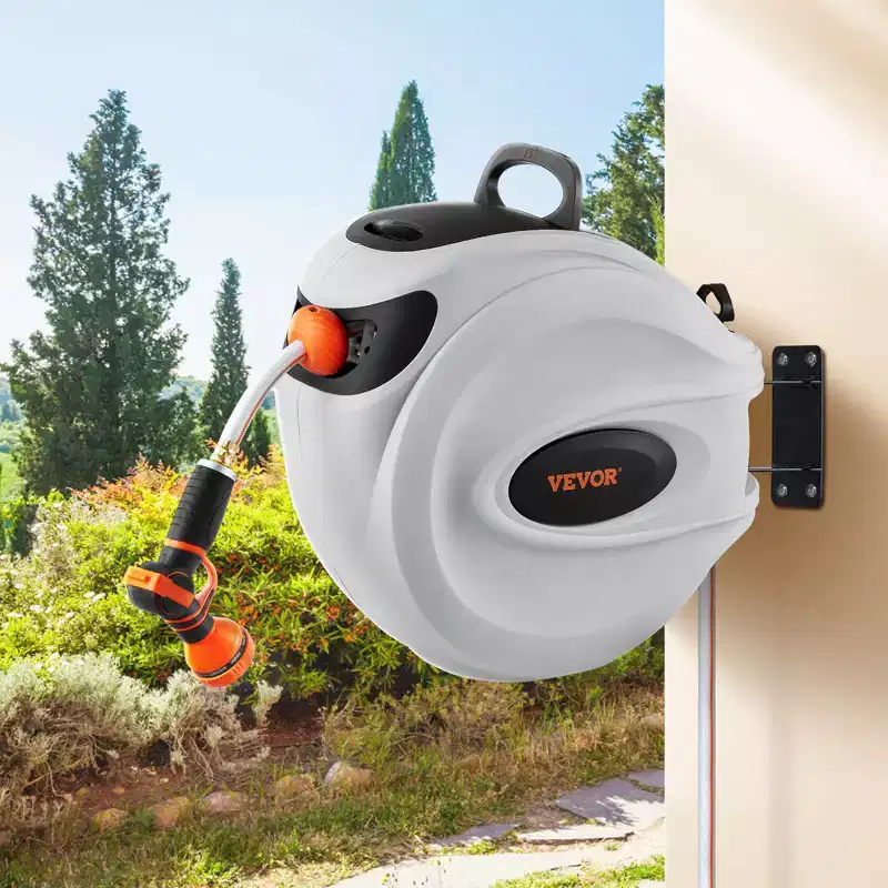VEVOR Retractable Hose Reel, 84 ft x 5/8 inch, 180 Swivel Bracket Wall-Mounted, Garden Water Hose Reel with 9-Pattern Nozzle, Automatic Rewind