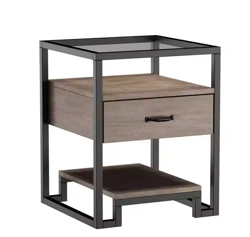 2-Piece High Side Table Set - Light Brown Wood Grain, Tempered Glass, Steel & Melamine Board Suitable for Living Room