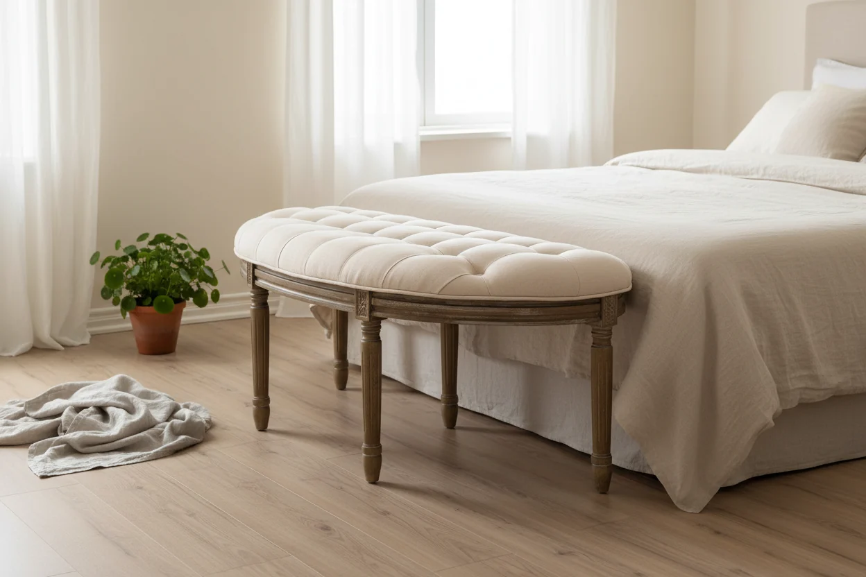 Rustic Semi-Circle Upholstered Bench with Wood Legs