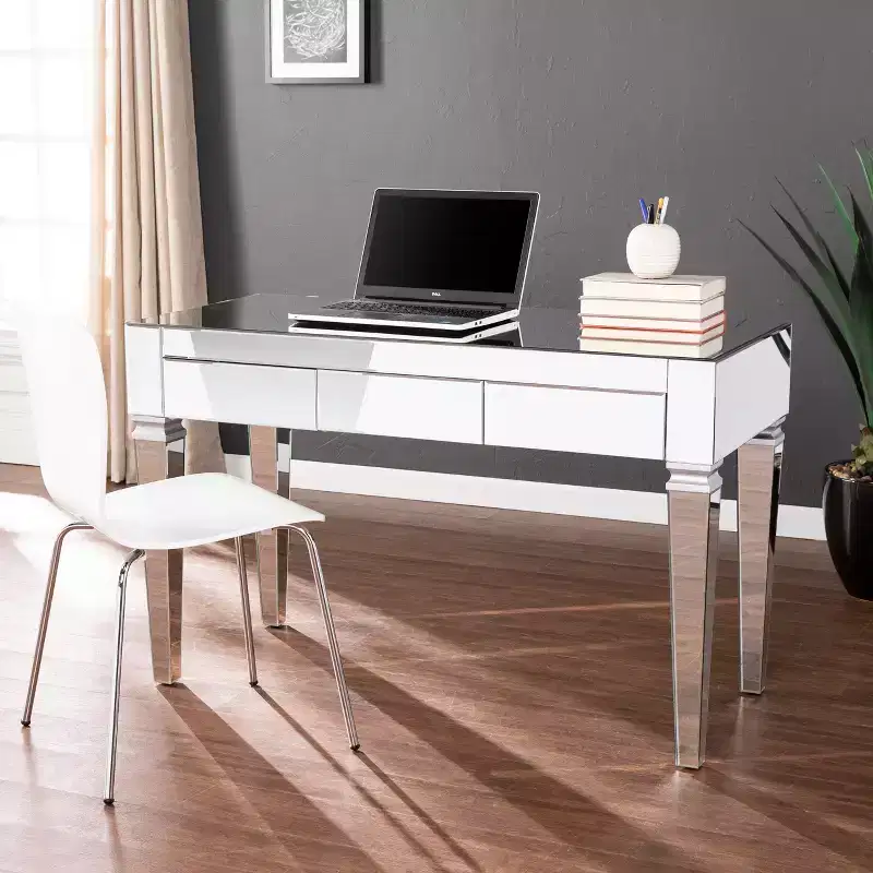 Glam Mirrored Desk with 3 Storage Drawers - Silver