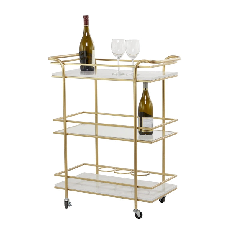 Marble Rolling 1 Glass and 2 Marble Shelves Bar Cart with Handles - Gold - Roche River Decor