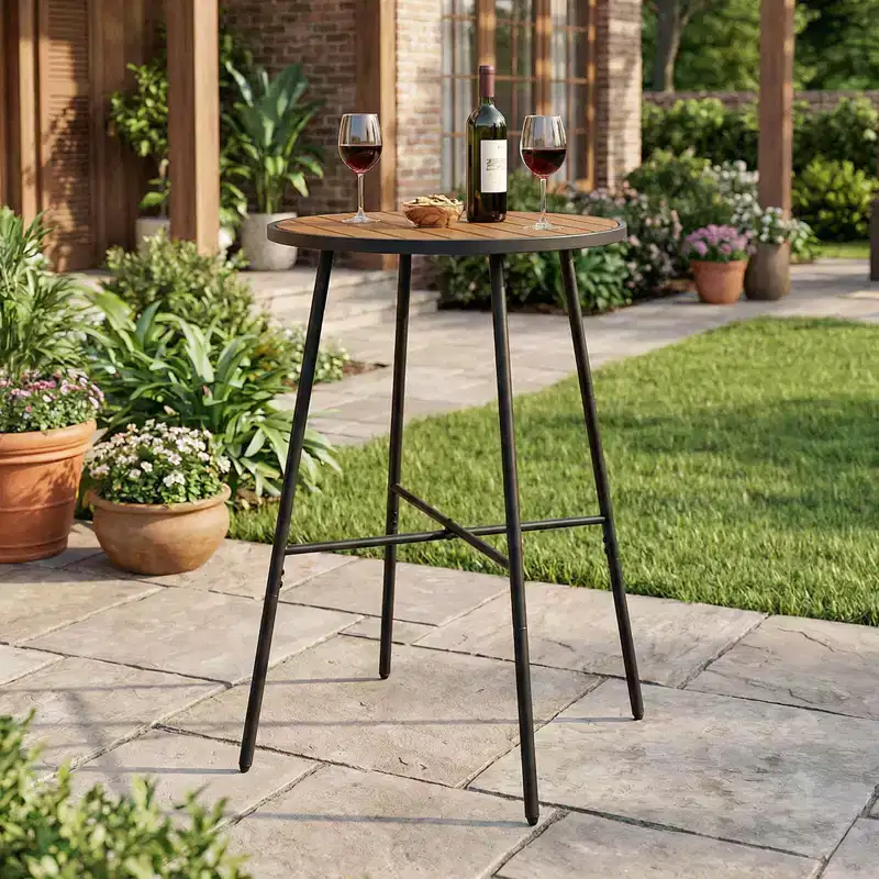 Costway 41 Bar Height Patio Table with Acacia Wood Top, Metal Frame for Balcony, Backyard