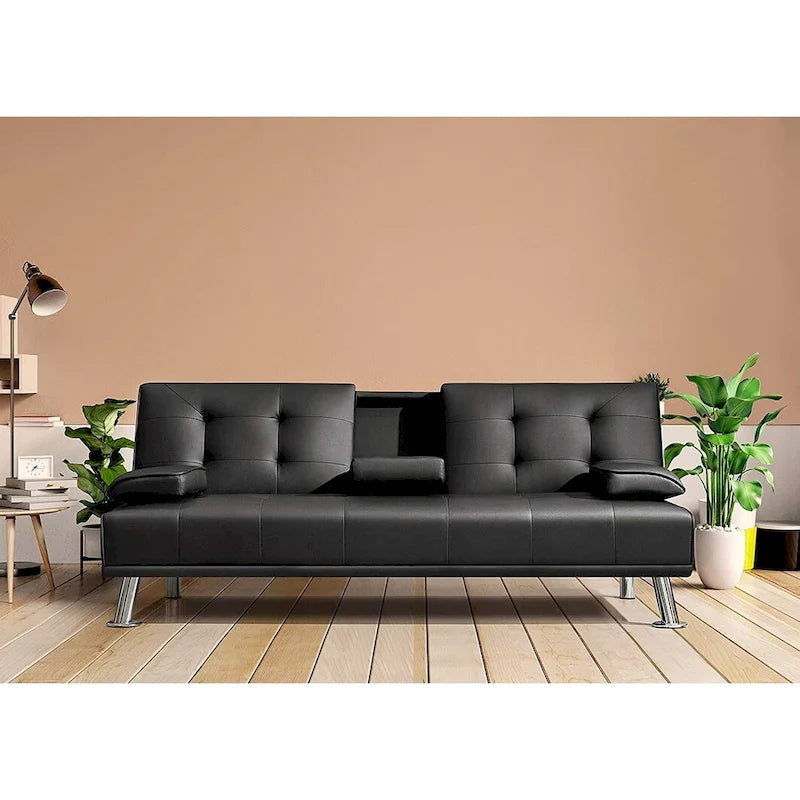 Furniwell Modern Faux Leather Futon with Cup Holders & Pillows, 65