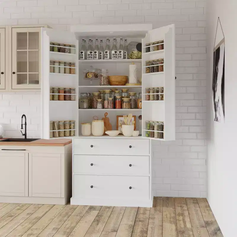 sumyeg 77 Freestanding Tall Kitchen Pantry Cabinet with Drawers and Adjustable Door Shelves