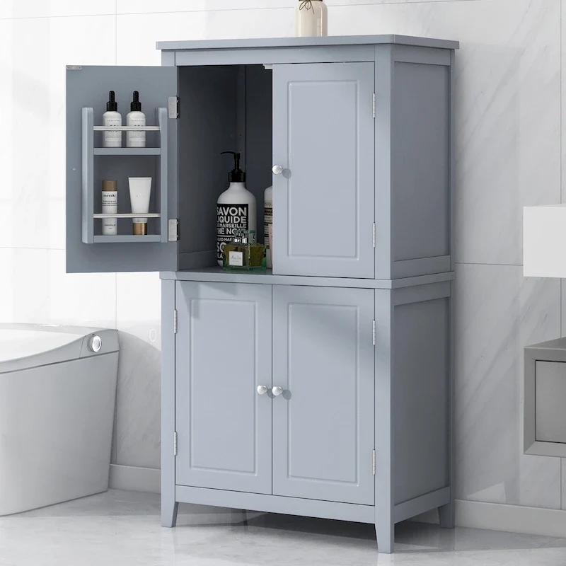 Freestanding Bathroom Storage Cabinet with 4 Doors and Adjustable Shelves