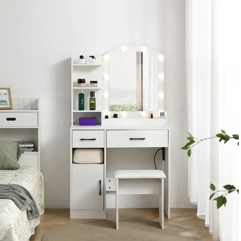 White Vanity Table with Lighted Mirror, 2/3 Drawers – 1 Person
