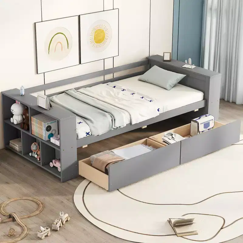 Twin Size Daybed with Shelves and 2 Drawers - ModernLuxe