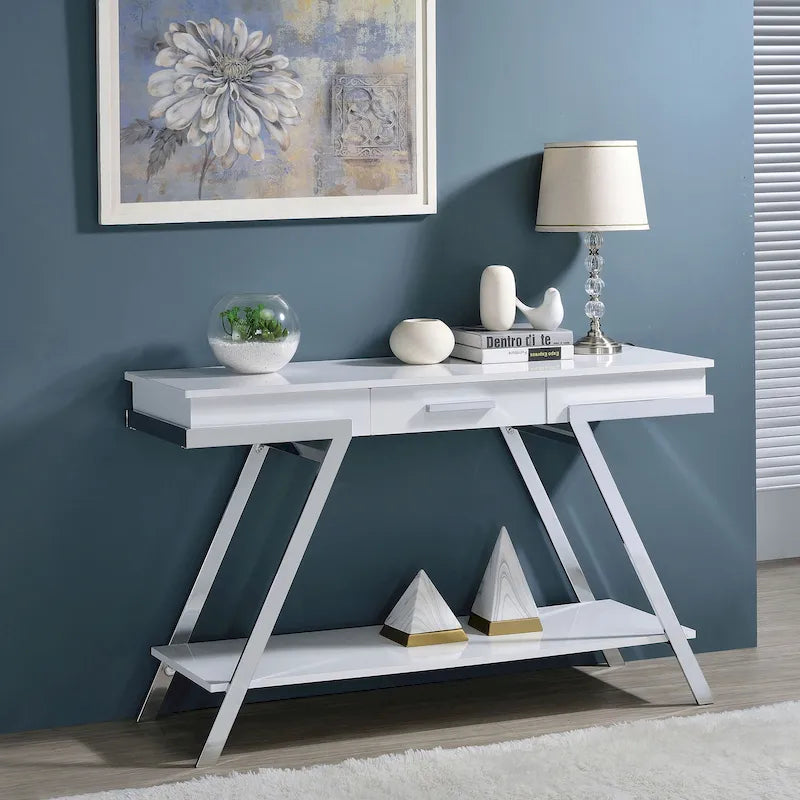 Cas Modern White 48-inch Steel 1-Drawer Sofa Table with Shelf by Furniture of America