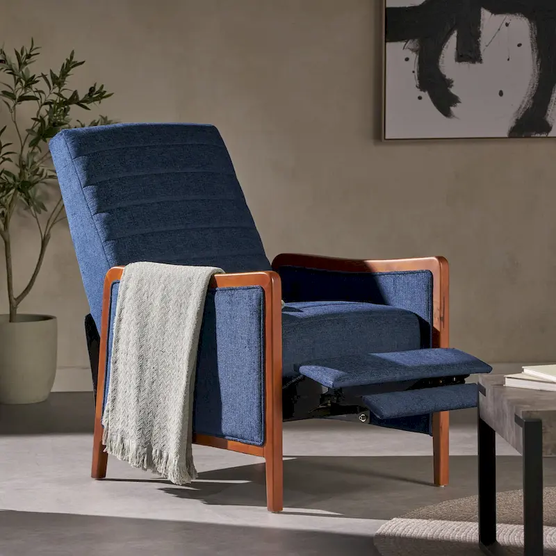 Channel Stitch Fabric Pushback Recliner Chair with Solid Wood Frame Blue Sand