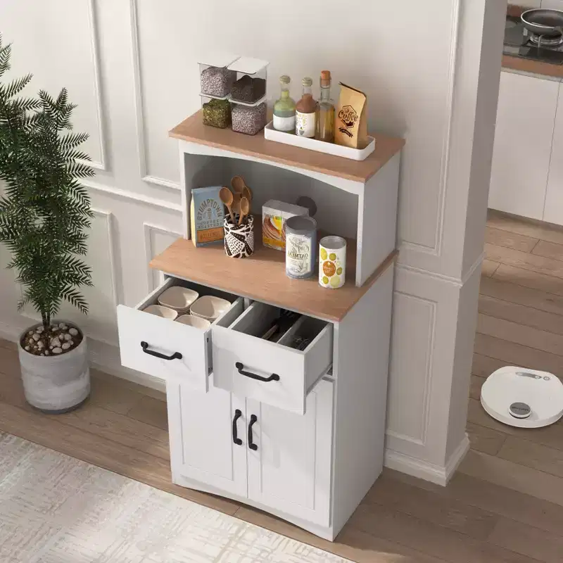 sumyeg Wooden Kitchen Pantry Storage Cabinet with Drawer and Microwave Shelf