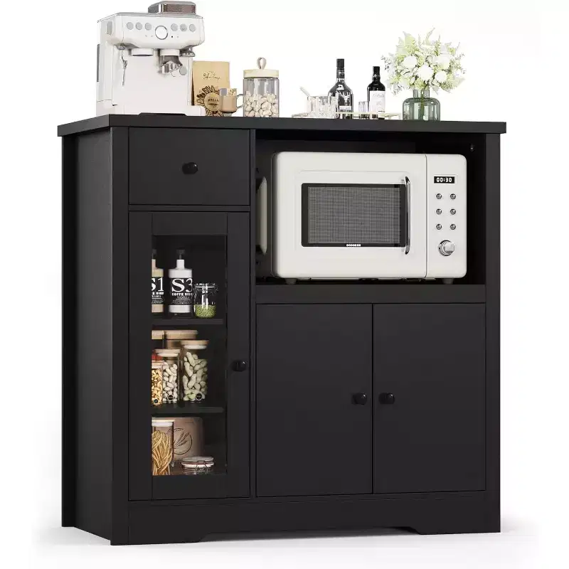 Floor Cabinet Wooden Storage Organizer with 3 Door and 1 DrawersAdjustable Shelf, Wooden Sideboard with Wide Free-Standing Cupboard for Kitchen