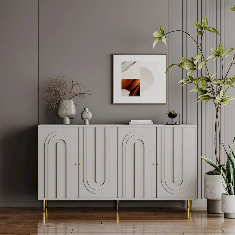 Modern Gray Lacquered 4 Door Wooden Cabinet Sideboard Buffet Server Cabinet