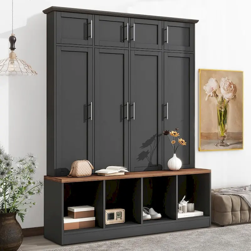 Stylish Wooden Tall Hall Tree with 8 Cabinets and 4 Open Storage Compartments