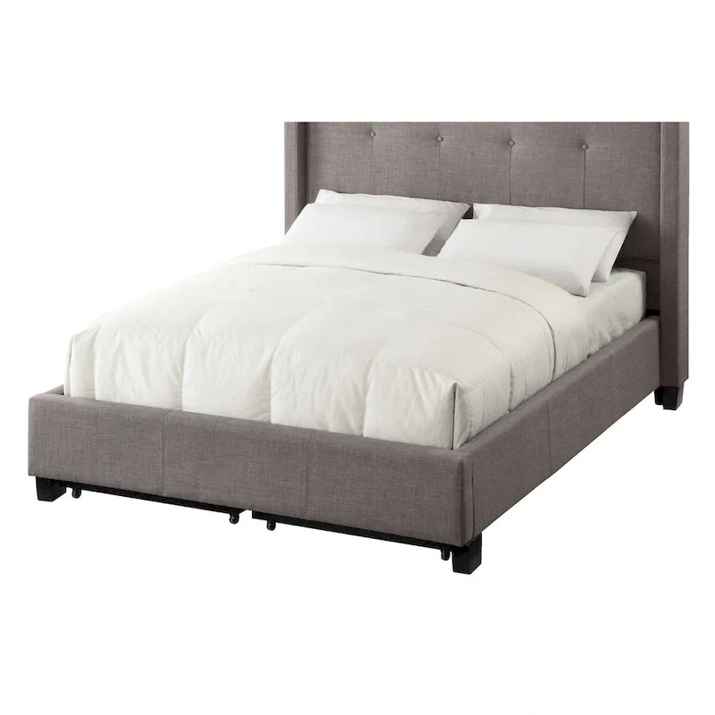 Low Profile Queen Bed, Tufted Linen, Wide Storage, Gray