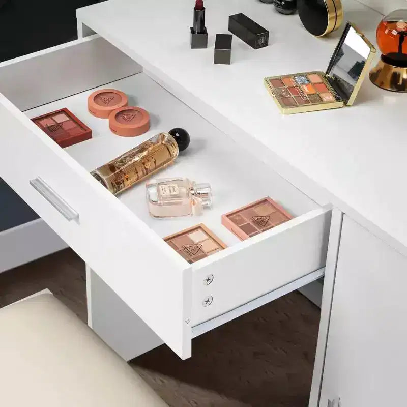 Karl Home | White LED Makeup Vanity Set With Adjustable Lighting, Cushioned Stool, And Spacious Storage