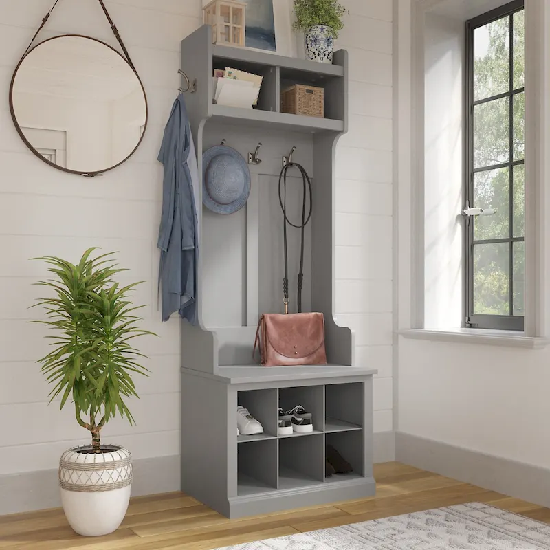 24W Hall Tree and Small Shoe Bench with Shelves