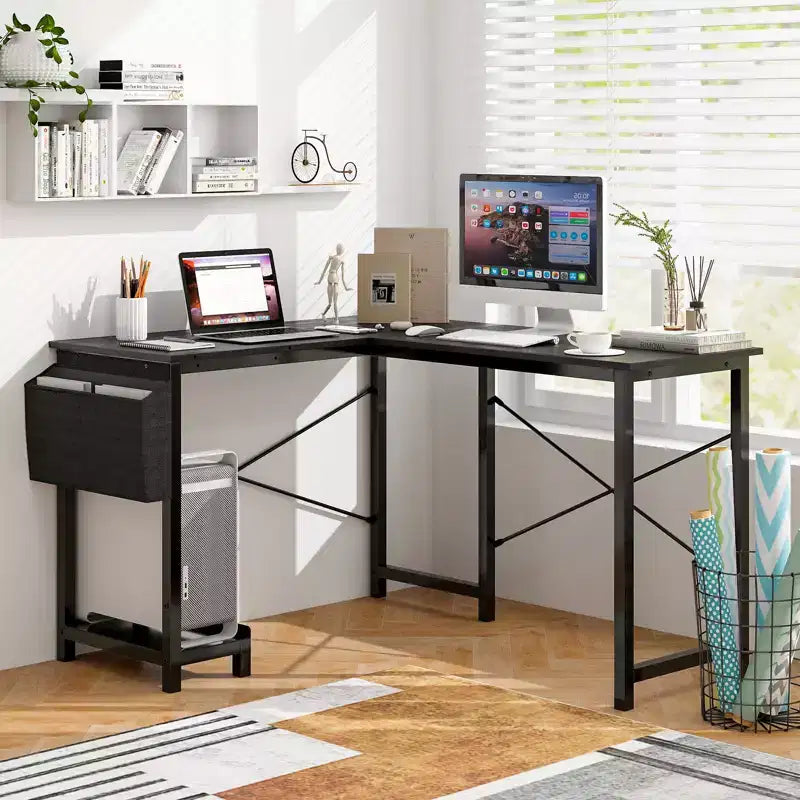 Reversible L-Shaped Computer Desk �C Storage Bag, Host Stand, Dark Gray