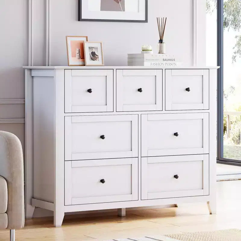 7 Drawer Dresser for Bedroom, Wooden Closet Dressers Storage OrganizerWide Modern Chest of Drawers  for Living Room,