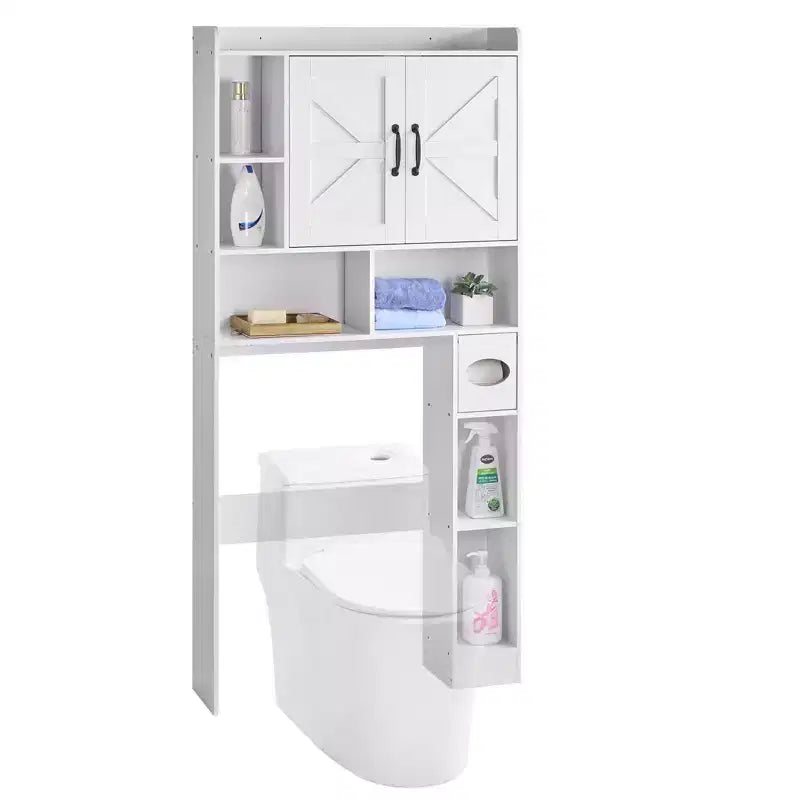 Over The Toilet Storage Cabinet 66 Inch Bathroom Organizer with Double Door Adjustable Shelf and Open Display Space White Freestanding