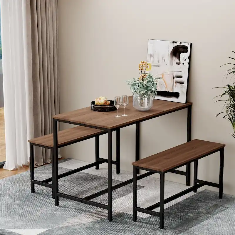 Dining Table Set for 4, Kitchen Table with Benches, Rectangular Dining Room Table Set with 2 Metal Wood Benches, 3 Piece Dining