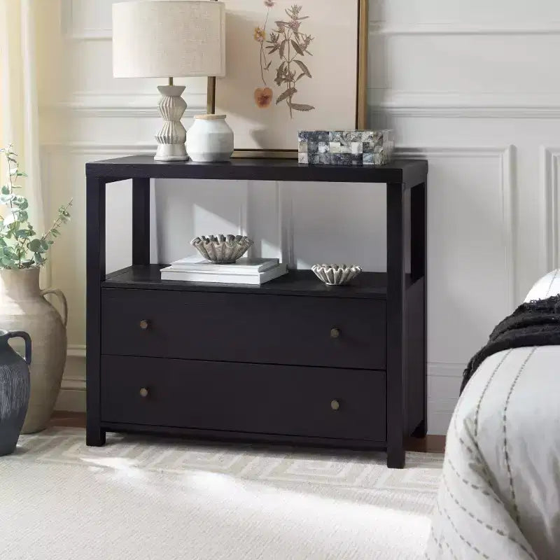 Ernest 2 Drawer 1 Shelf Wood Storage Chest, Natural & White Washed Finish