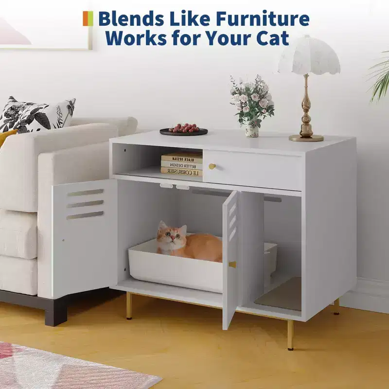 31.5 Inch Hidden Cat Litter Box Enclosure Furniture, Modern Style with Vent Door, Side Rest Area, Drawers & Open Shelves, Suitable for Cats
