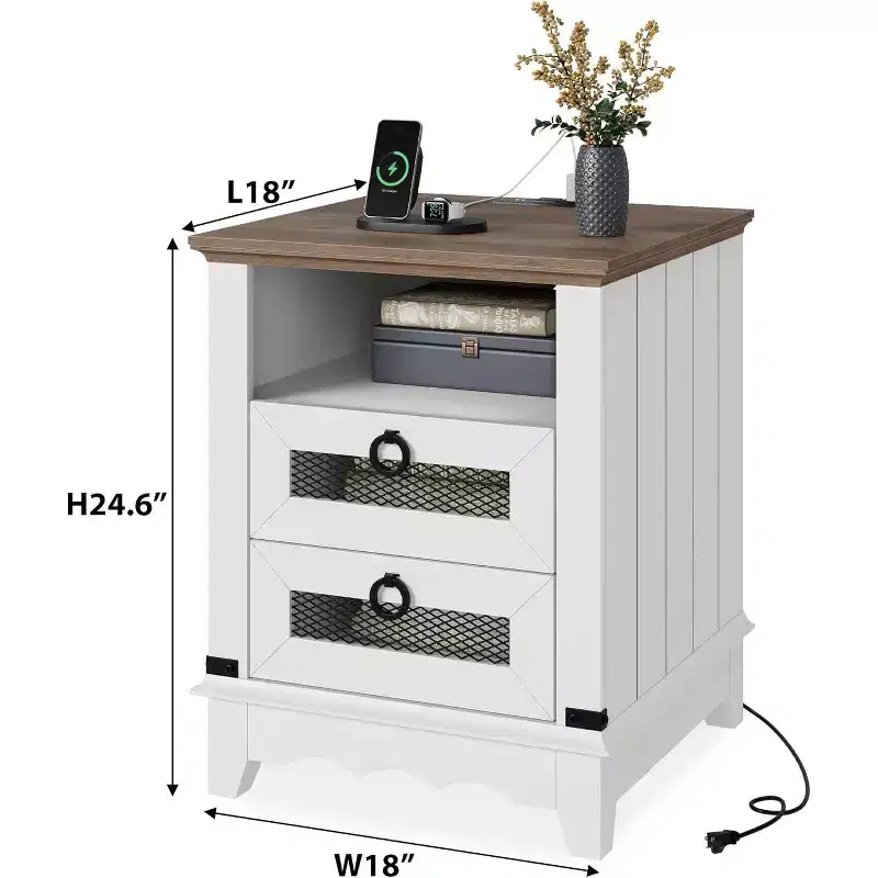 Farmhouse Nightstand with Charging Station, 2 Drawers & Open Cubby, 18 Side Table for Bedroom Living Room