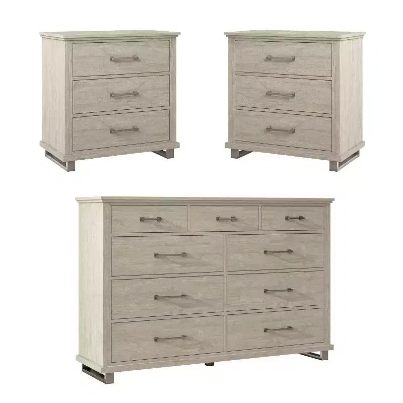 Set of 2 Night Stands & One Dresser in Beige: Festivo Bedroom Storage Furniture Set