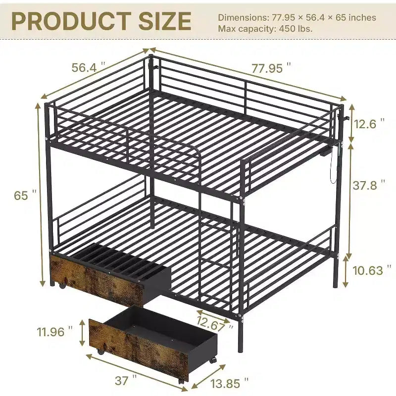Full Over Full Convertible Bunk Bed with 2 Storage Drawers, USB Charging Station, LED Light, No Box Spring Needed, Metal, Black