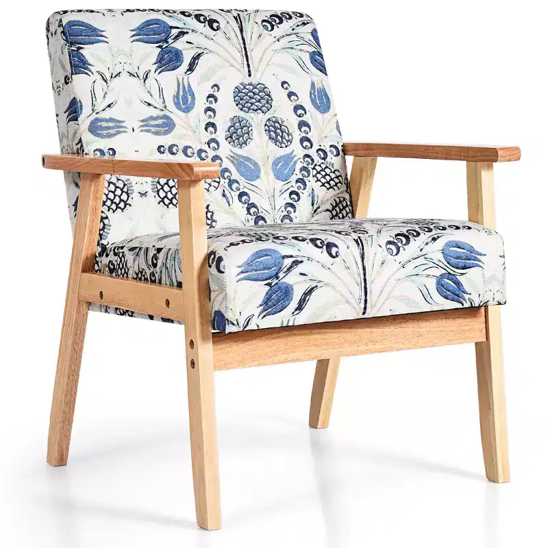 Upholstered Accent Armchair – Linen Fabric, Rubber Wood Frame, 265 lb Capacity, Yellow/Blue Floral