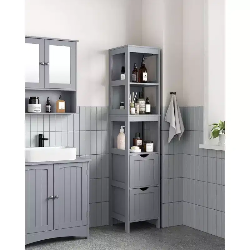 VASAGLE Bathroom Floor Cabinet Bathroom Storage Organizer Rack Stand,Multifunctional Corner Unit 2 Drawers