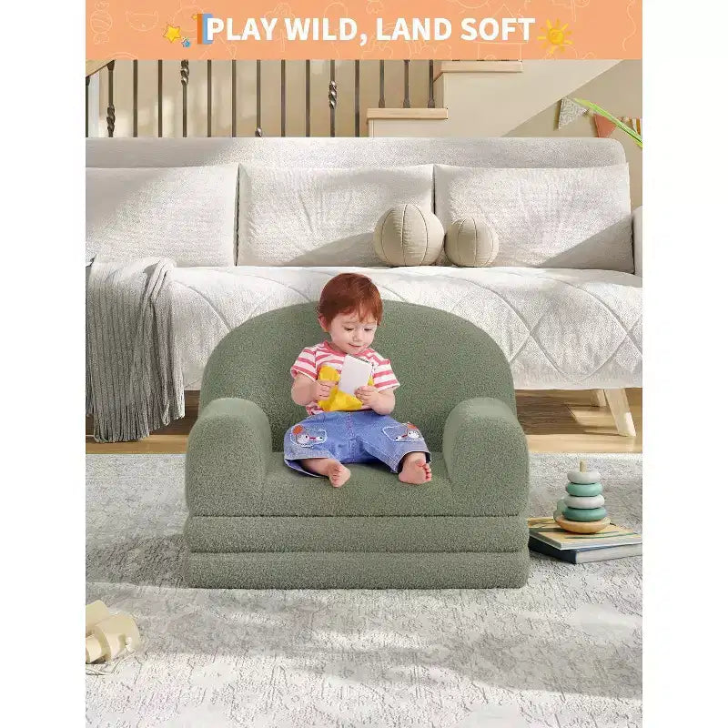 Kids Sofa Chair, 2-in-1 Convertible Toddler Couch Lounger, Comfy Fold Out Teddy Fleece Fabric Children's Sofa Bed for Playroom, Bedroom, Nursery