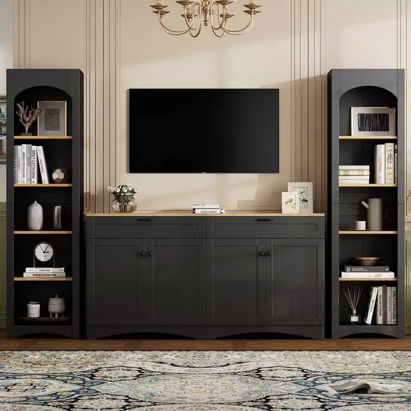 MAYEERTY Black 3-Piece Farmhouse Entertainment Center, Mid-Century TV Stand for 70 TVs
