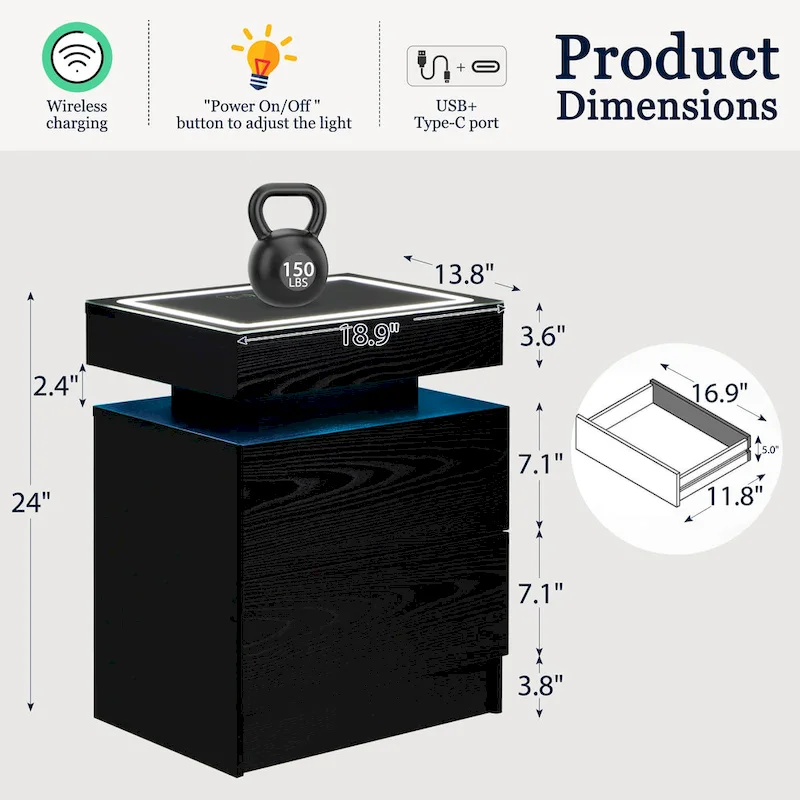 LED Nightstand with Charging Station, White/Black, Floating, 1-Person