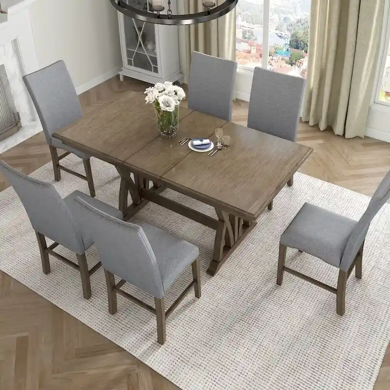 7-Piece Dining Table Set Extendable Kitchen Table Set with Upholstered Chairs,Grey