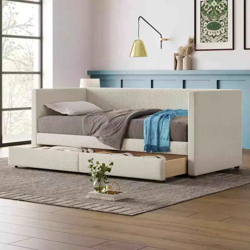 MAYEERTY Twin Size Corduroy Daybed, 2 Drawers Wood Slat, Bedroom, Beige