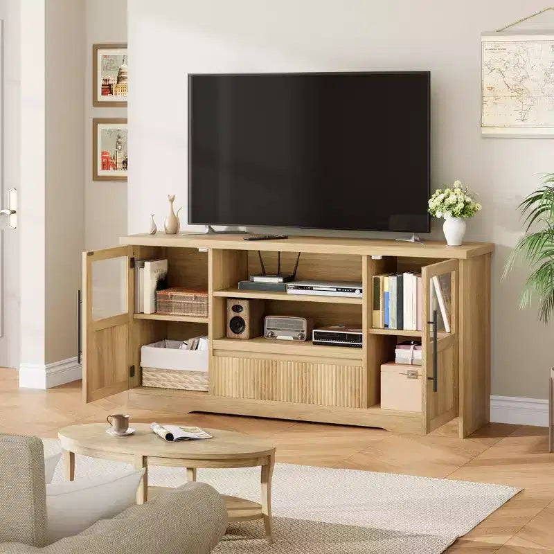 Wave Pattern TV Stand with Glass Door Cabinets �C Fits TVs up to 72 in. (Natural)