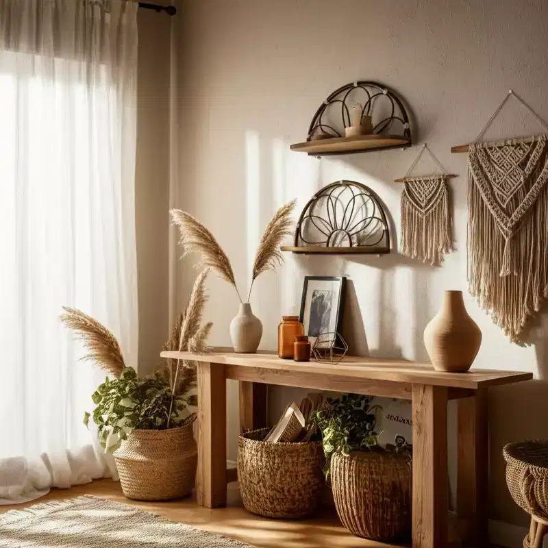 Modern Half-Moon Wall Mounted Organizer Shelves for Home Decor - Elegant Boho Metal and Wood Hanging Storage for Entryway - Set of 2, 13, 11, Brown